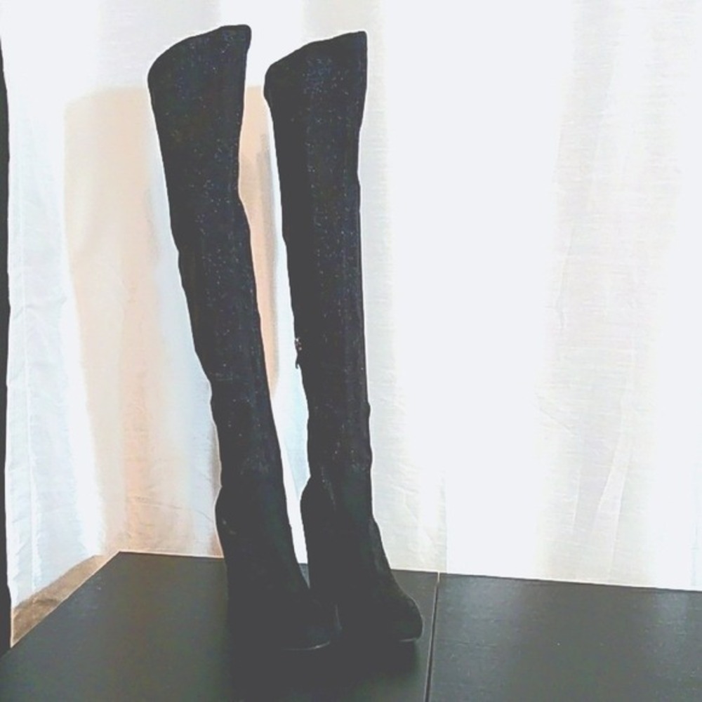 Catherine Malandrino Black Metallic Ribbed Over The Knee Thigh High Boots Size 6